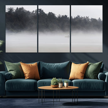 59703275-MGV-CV-36X24-Surfer in Fog Wall Art Canvas Print, Framed Foggy Beach Art Picture Print, Coastal Surf Perfect Moody Coastal Decor Artwork