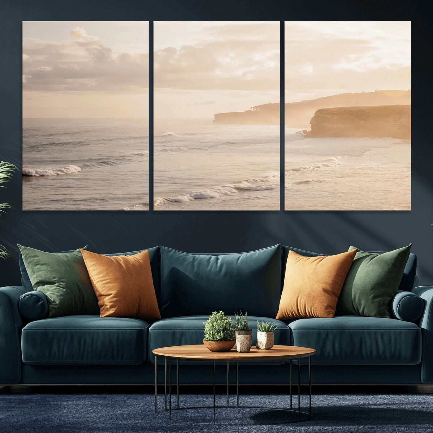 57669769-MGV-CV-36X24-Misty Coastal Wall Art Canvas Print, Framed Golden Sunset Art Picture Print, Serene Shoreline Perfect Tranquil Coastal Decor