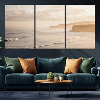 57669769-MGV-CV-36X24-Misty Coastal Wall Art Canvas Print, Framed Golden Sunset Art Picture Print, Serene Shoreline Perfect Tranquil Coastal Decor