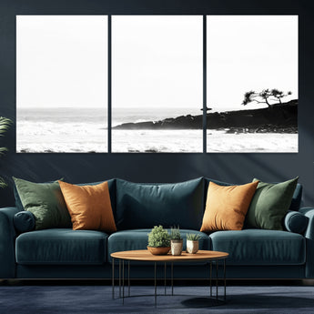 40875891-MGV-CV-36X24-SurferCliffs Wall Art Canvas Print, Framed Black White Beach Art Picture Print, Ocean Waves Perfect Minimalist Coastal Decor