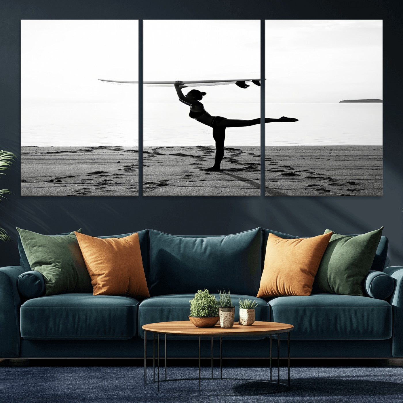 28441356-MGV-CV-36X24-Yoga Surf Wall Art Canvas Print, Framed Black White Shore Art Picture Print, Peaceful Ocean Perfect Minimalist Coastal Decor