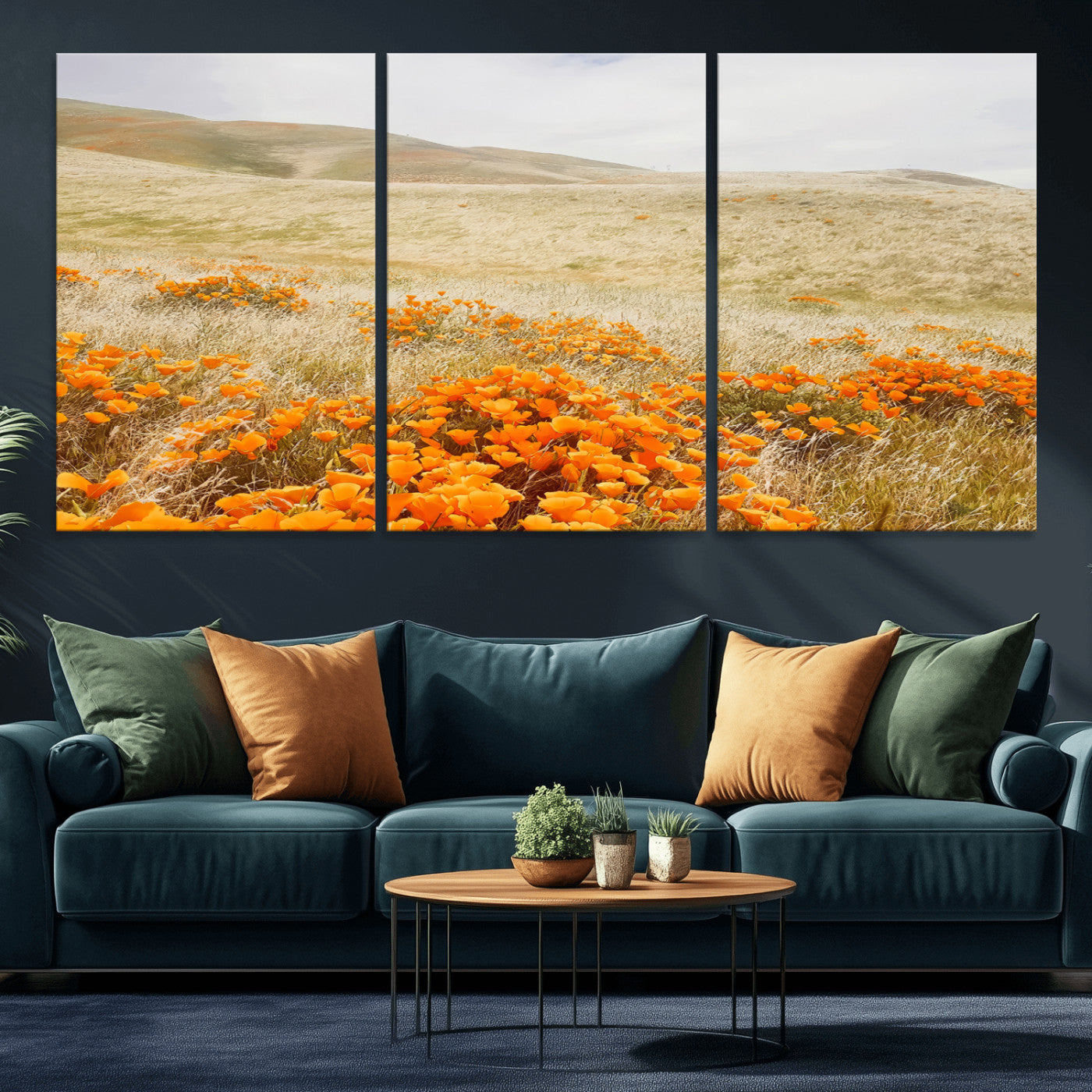 28972262-MGV-CV-36X24-Golden Wildflowers Wall Art Canvas Print, Framed Hills Bloom Art Picture Print, Poppy Meadow Perfect Rustic Nature Decor Artwork