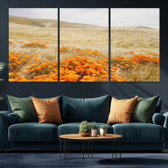 28972262-MGV-CV-36X24-Golden Wildflowers Wall Art Canvas Print, Framed Hills Bloom Art Picture Print, Poppy Meadow Perfect Rustic Nature Decor Artwork