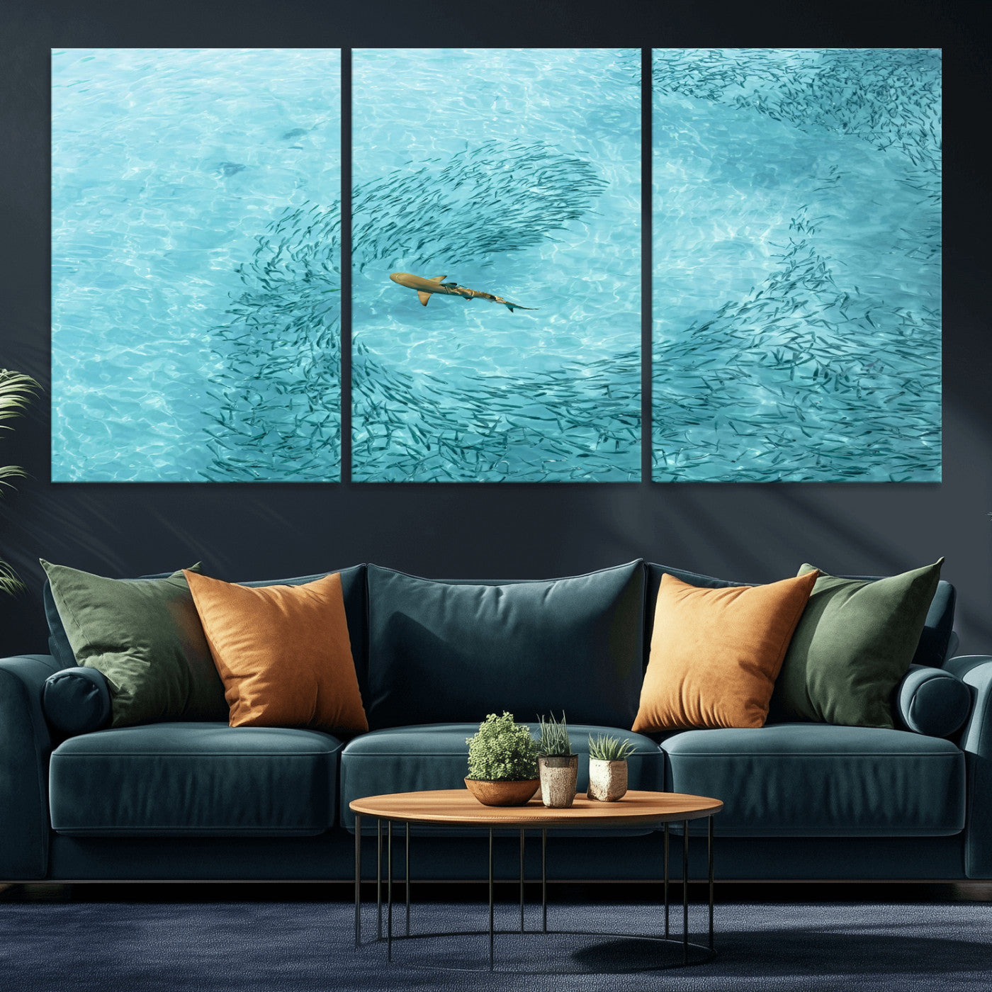 43671474-MGV-CV-36X24-Fish Swarm Wall Art Canvas Print, Framed Marine Life Art Picture Print, Shark Aerial Perfect Wildlife Coastal Decor Artwork