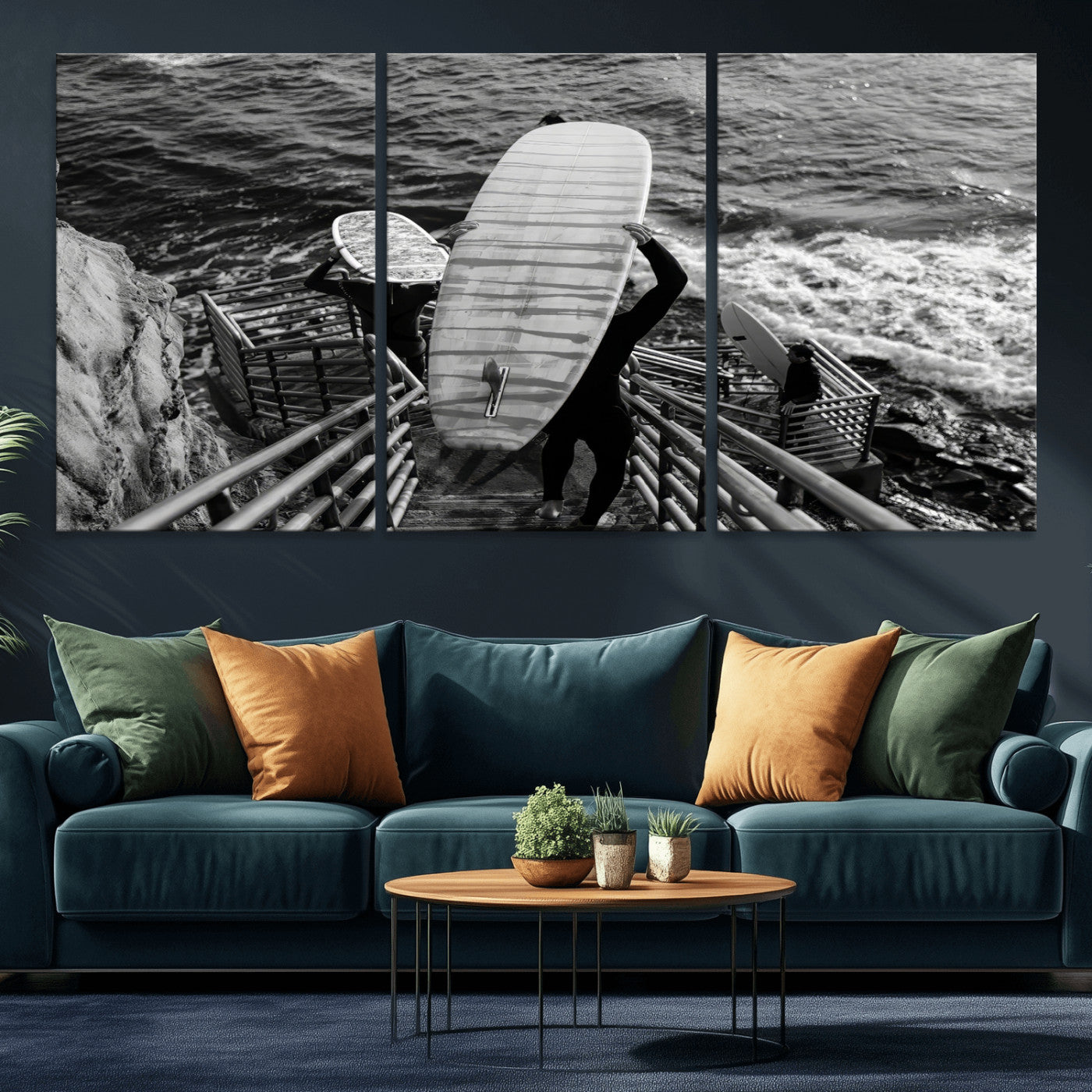 32353707-MGV-CV-36X24-Black White Surfing Wall Art Canvas Print, Framed Coastal Surfing Art Picture Print, Wave Riders Perfect Coastal Adventure Decor