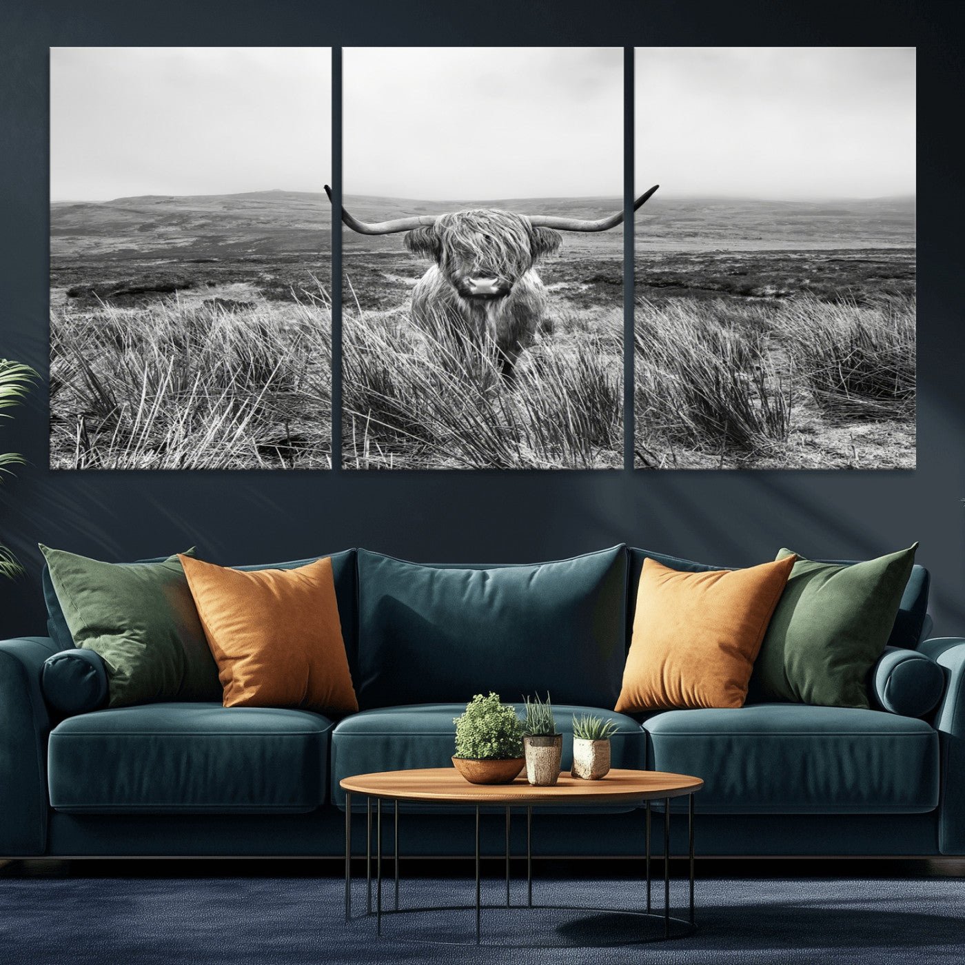 24051061-MGV-CV-36X24-Monochrome Highland Cow Wall Art Canvas Print, Framed Scottish Bull Art Picture Print, Lone Cattle Perfect Rustic Farmhouse Decor