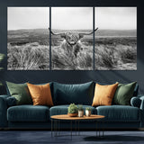 24051061-MGV-CV-36X24-Monochrome Highland Cow Wall Art Canvas Print, Framed Scottish Bull Art Picture Print, Lone Cattle Perfect Rustic Farmhouse Decor