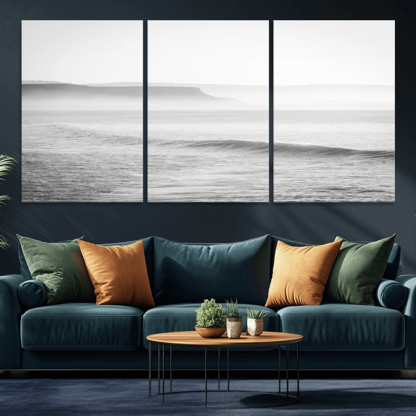 60635783-MGV-CV-36X24-Black White Seascape Wall Art Canvas Print, Framed Ocean Waves Art Picture Print, Misty Coastal Perfect Minimalist Coastal Decor