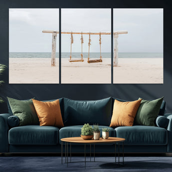 68327283-MGV-CV-36X24-Beach Swing Wall Art Canvas Print, Framed Quiet Beach Art Picture Print, Calm Shoreline Perfect Bohemian Coastal Decor Artwork