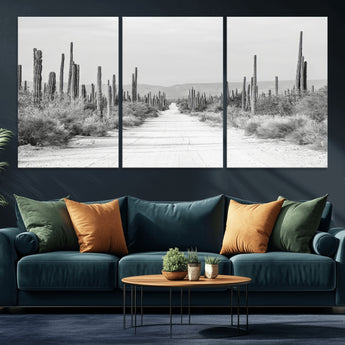 35537313-MGV-CV-36X24-Monochrome Desert Wall Art Canvas Print, Framed Cactus Path Art Picture Print, Southwestern Landscape Perfect Southwestern