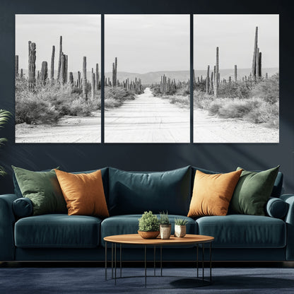 35537313-MGV-CV-36X24-Monochrome Desert Wall Art Canvas Print, Framed Cactus Path Art Picture Print, Southwestern Landscape Perfect Southwestern