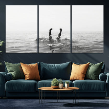 26667396-MGV-CV-36X24-Black White Ocean Wall Art Canvas Print, Framed Monochrome Water Art Picture Print, Diving into Water Perfect Minimalist Aquatic