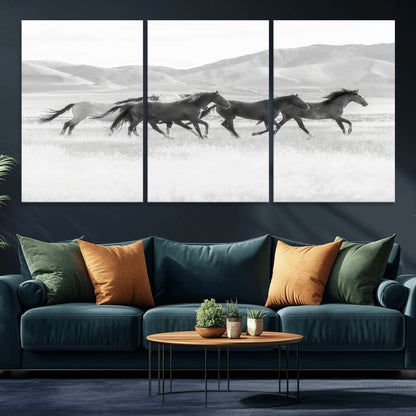 69934913-MGV-CV-36X24-Wild Horses Running Wall Art Canvas Print, Framed Black White Mustangs Art Picture Print, Rustic Western Perfect Rustic Western