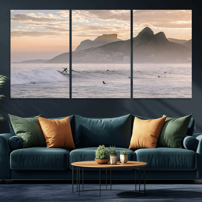 70644906-MGV-CV-36X24-Sunset Surfing Wall Art Canvas Print, Framed Misty Mountains Art Picture Print, Surfer Riding Wave Perfect Coastal Adventure Decor