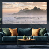 70644906-MGV-CV-36X24-Sunset Surfing Wall Art Canvas Print, Framed Misty Mountains Art Picture Print, Surfer Riding Wave Perfect Coastal Adventure Decor
