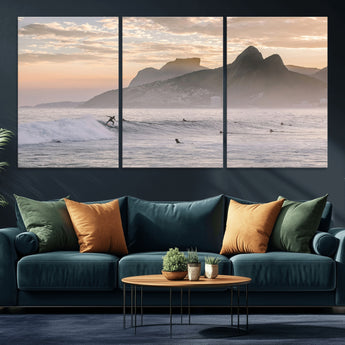 70644906-MGV-CV-36X24-Sunset Surfing Wall Art Canvas Print, Framed Misty Mountains Art Picture Print, Surfer Riding Wave Perfect Coastal Adventure Decor