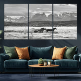 21655040-MGV-CV-36X24-Wild Horses Wall Art Canvas Print, Framed Black White Mountains Art Picture Print, Rustic Countryside Perfect Rustic Western Decor