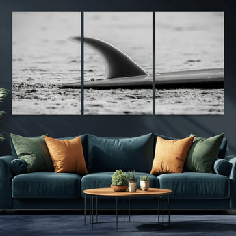62314230-MGV-CV-36X24-Black White Surfboard Wall Art Canvas Print, Framed Minimalist Beach Art Picture Print, Surf Fin Perfect Minimalist Coastal Decor