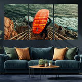 84555848-MGV-CV-36X24-Surfer Stairway Wall Art Canvas Print, Framed Ocean Surf Art Picture Print, Sunset Coastal Perfect Coastal Adventure Decor Artwork