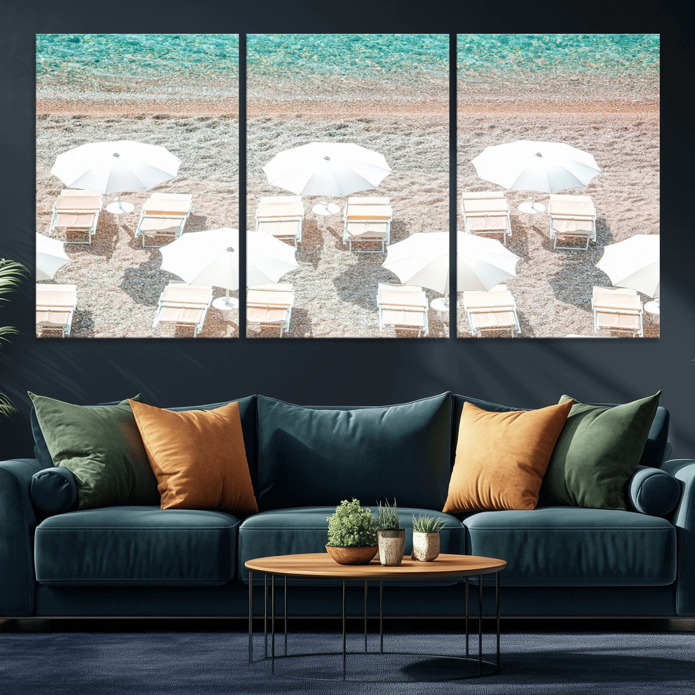 83736167-MGV-CV-36X24-Calm Beach Wall Art Canvas Print, Framed Turquoise Water Art Picture Print, Umbrella Shoreline Perfect Coastal Minimalist Decor