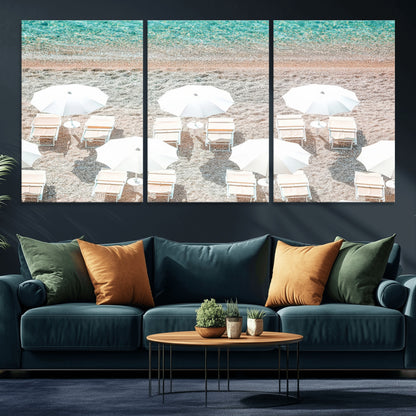 83736167-MGV-CV-36X24-Calm Beach Wall Art Canvas Print, Framed Turquoise Water Art Picture Print, Umbrella Shoreline Perfect Coastal Minimalist Decor