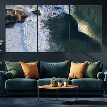 37405684-MGV-CV-36X24-Nazare Coast Wall Art Canvas Print, Framed Aerial Ocean Art Picture Print, Coastal Fortress Perfect Dramatic Coastal Decor Artwork