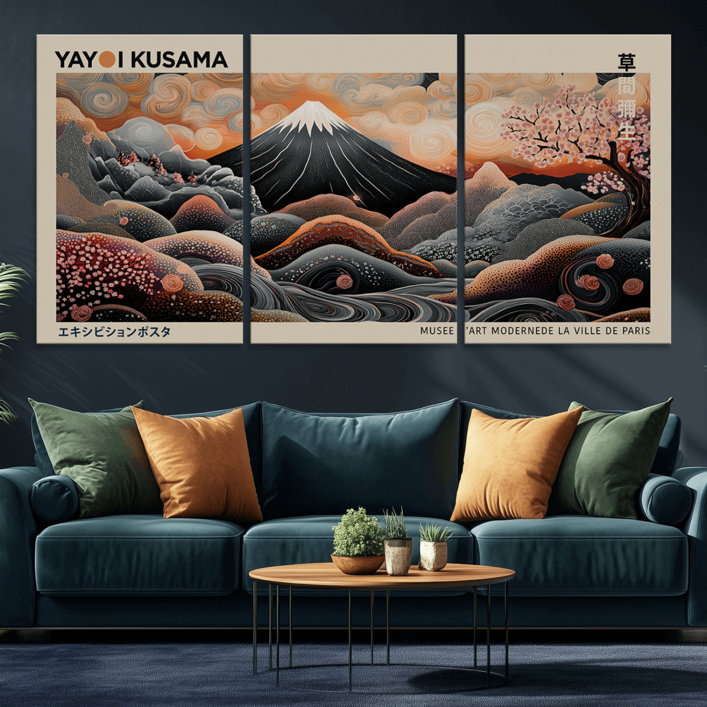 55739266-MGV-CV-36X24-Japanese Wall Art Print – Abstract Yayoi Kusama Inspired Dotted Landscape Poster, Surreal Oriental Mountain and Cherry Blossom