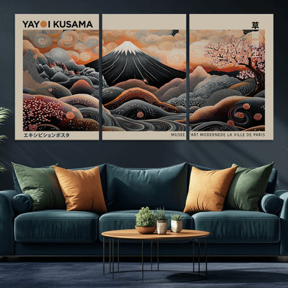 55739266-MGV-CV-36X24-Japanese Wall Art Print – Abstract Yayoi Kusama Inspired Dotted Landscape Poster, Surreal Oriental Mountain and Cherry Blossom
