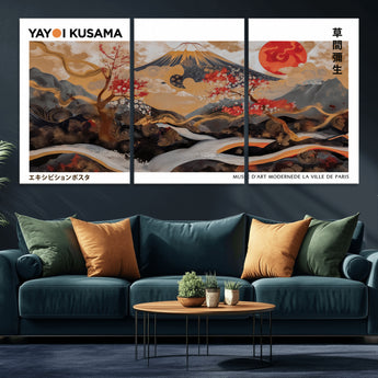 40959107-MGV-CV-36X24-Japanese Fuji Wall Art Print – Red Sun & Cherry Blossom Poster, Gold Wave Ukiyo-e Inspired Modern Japan Landscape Painting,