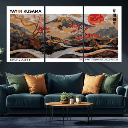 40959107-MGV-CV-36X24-Japanese Fuji Wall Art Print – Red Sun & Cherry Blossom Poster, Gold Wave Ukiyo-e Inspired Modern Japan Landscape Painting,