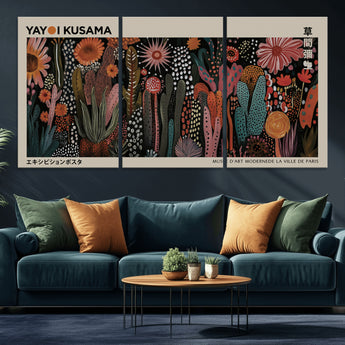 28344895-MGV-CV-36X24-Dark Floral Abstract Wall Art Poster – Modern Botanical Canvas Print with Beige Border, Kusama Inspired Boho Flower Painting,