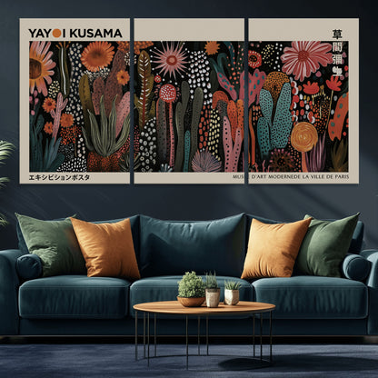 28344895-MGV-CV-36X24-Dark Floral Abstract Wall Art Poster – Modern Botanical Canvas Print with Beige Border, Kusama Inspired Boho Flower Painting,
