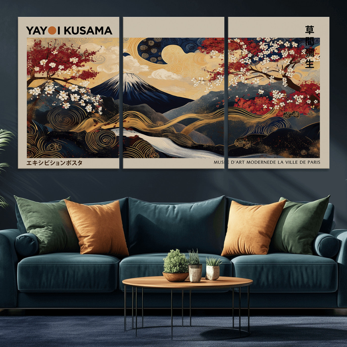 54967195-MGV-CV-36X24-Mount Fuji Wall Art – Japanese Cherry Blossom Abstract Canvas Print, Navy Gold Landscape Painting, Oriental Luxury Home Decor