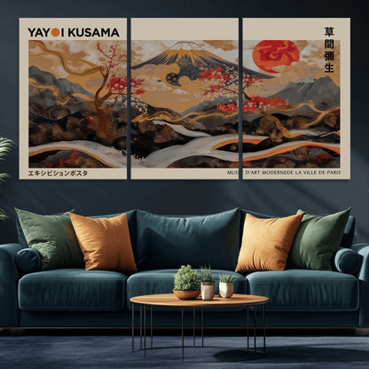 77970791-MGV-CV-36X24-Mount Fuji Golden Abstract Wall Art – Japanese Landscape Canvas Poster, Cherry Blossom & Red Sun Painting, Elegant Zen Oriental