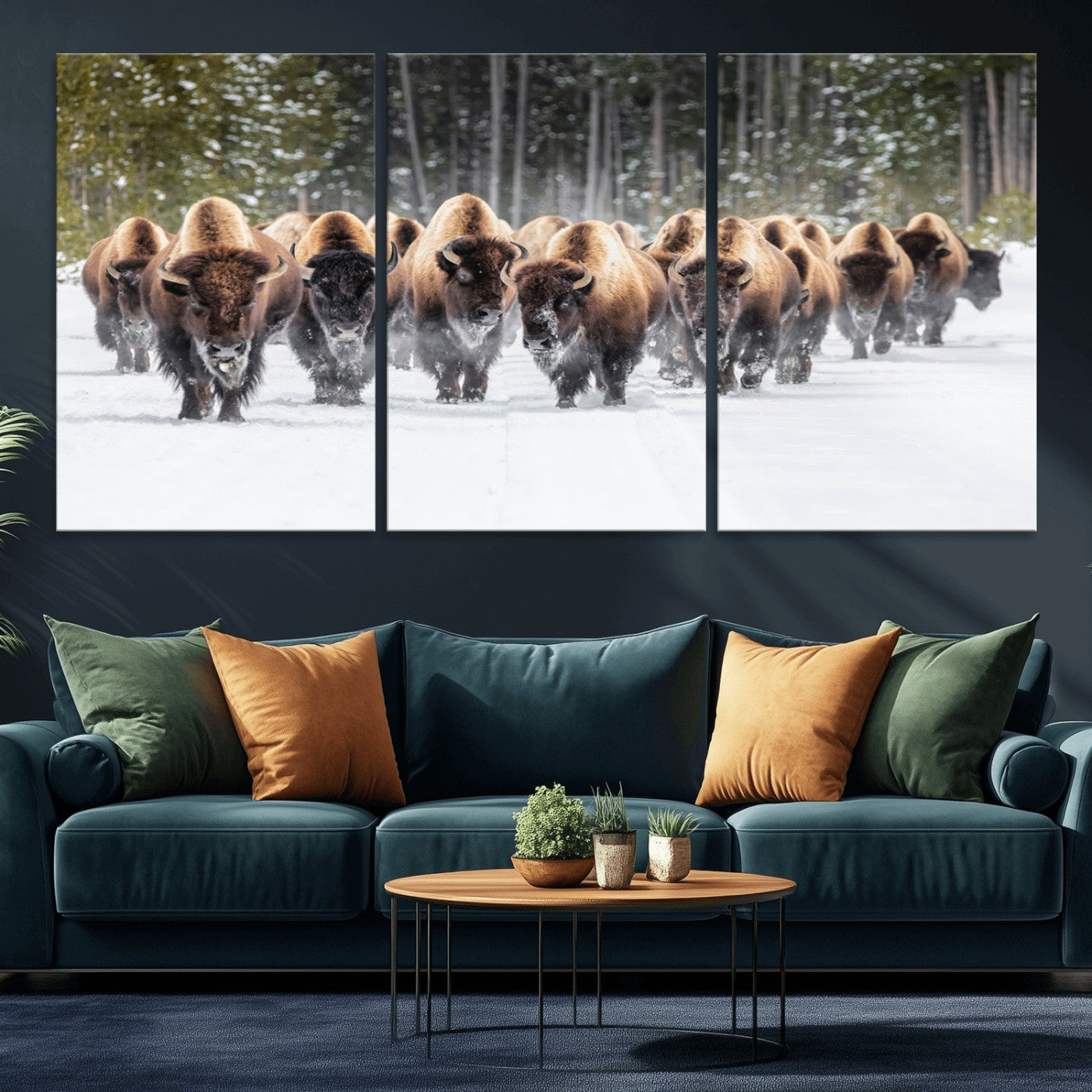 22695857-MGV-CV-36X24-Bison Herd Scene Wall Art Canvas Print, Framed Western Wildlife Art Picture Print, Rustic Animal Art Perfect Rustic Lodge Decor