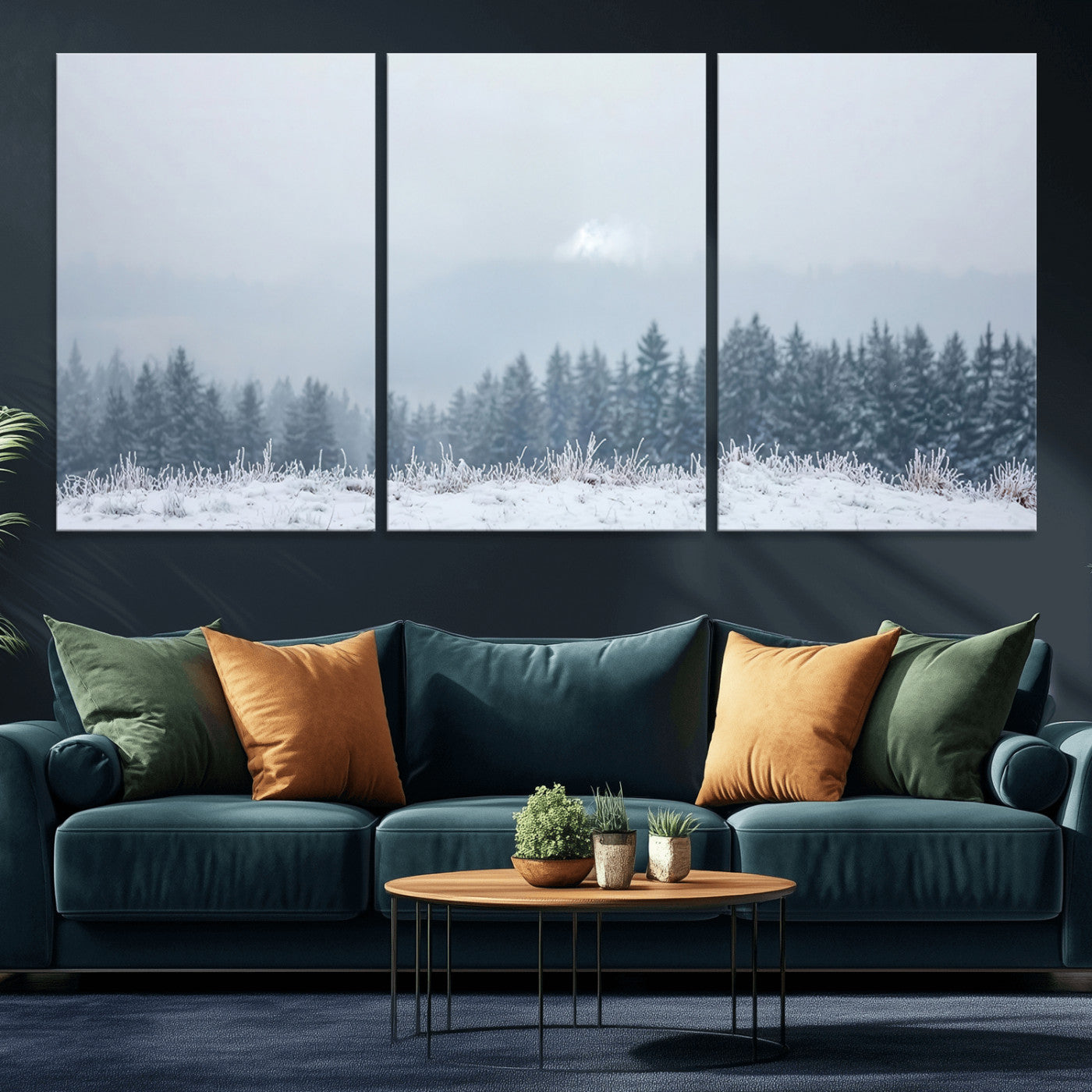 33033082-MGV-CV-36X24-Winter Forest Art Wall Art Canvas Print, Framed Snowy Landscape Art Picture Print, Misty Tree Scene Perfect Nordic Minimalist