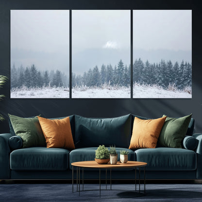 33033082-MGV-CV-36X24-Winter Forest Art Wall Art Canvas Print, Framed Snowy Landscape Art Picture Print, Misty Tree Scene Perfect Nordic Minimalist