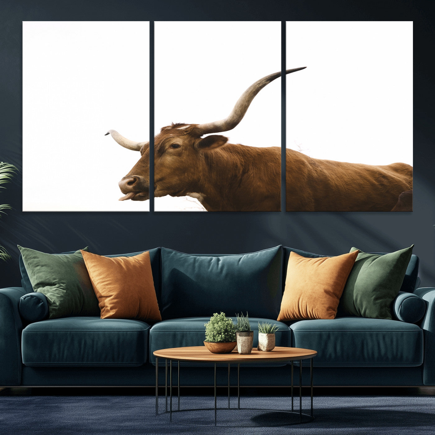 62566114-MGV-CV-36X24-Longhorn Cow Art Wall Art Canvas Print, Framed Rustic Animal Decor Art Picture Print, Texas Bull Photo Perfect Rustic Farmhouse