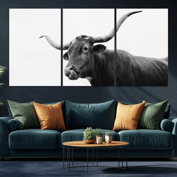 99244177-MGV-CV-36X24-Longhorn Photography Wall Art Canvas Print, Framed Western Cow Decor Art Picture Print, Black White Bull Perfect Modern Rustic