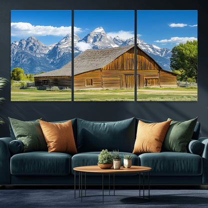 75948467-MGV-CV-36X24-Mountain Barn Scene Wall Art Canvas Print, Framed Rustic Farmhouse Style Art Picture Print, Country Cabin Decor Perfect Rustic
