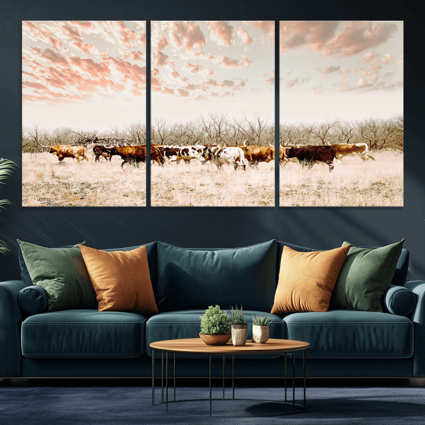 43704663-MGV-CV-36X24-Country Cow Herd Wall Art Canvas Print, Framed Farmhouse Cattle Scene Art Picture Print, Rustic Ranch Decor Perfect Rustic