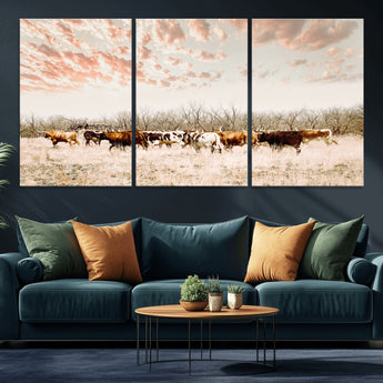 43704663-MGV-CV-36X24-Country Cow Herd Wall Art Canvas Print, Framed Farmhouse Cattle Scene Art Picture Print, Rustic Ranch Decor Perfect Rustic