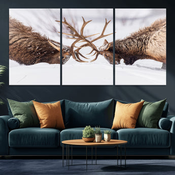 36507609-MGV-CV-36X24-Elk Clash Scene Wall Art Canvas Print, Framed Wildlife Strength Decor Art Picture Print, Snowy Forest Elk Perfect Rustic Lodge