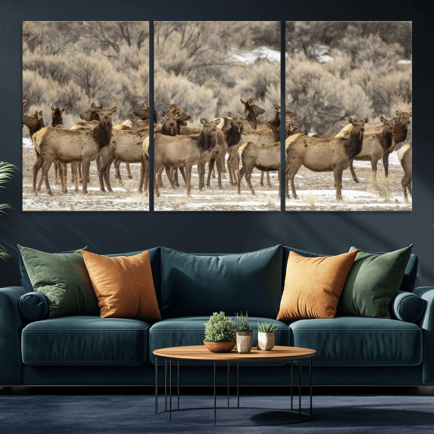 90269422-MGV-CV-36X24-Elk Herd Scene Wall Art Canvas Print, Framed Rustic Wildlife Decor Art Picture Print, Western Cabin Style Perfect Rustic Lodge