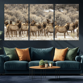 90269422-MGV-CV-36X24-Elk Herd Scene Wall Art Canvas Print, Framed Rustic Wildlife Decor Art Picture Print, Western Cabin Style Perfect Rustic Lodge