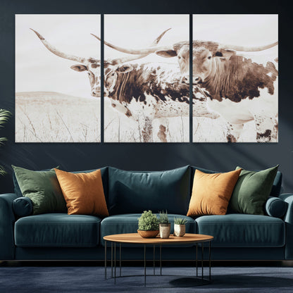 48161868-MGV-CV-36X24-Longhorn Cow Decor Wall Art Canvas Print, Framed Rustic Cattle Art Picture Print, Sepia Western Vibe Perfect Neutral Rustic