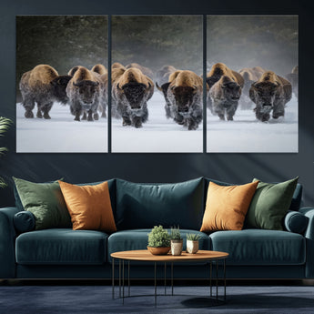 41669135-MGV-CV-36X24-Bison Herd Scene Wall Art Canvas Print, Framed Rustic Wildlife Decor Art Picture Print, Snowy Bison Landscape Perfect Rustic
