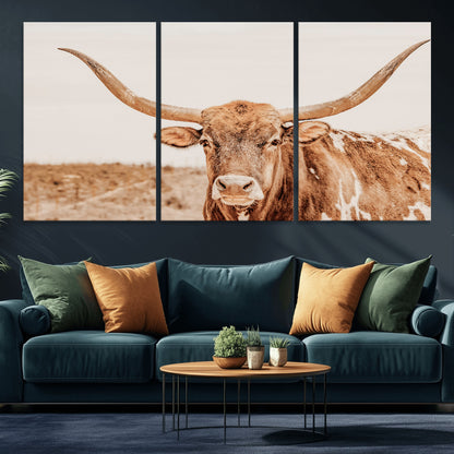 74406977-MGV-CV-36X24-Longhorn Bull Decor Wall Art Canvas Print, Framed Western Cow Theme Art Picture Print, Rustic Farmhouse Wall Perfect Neutral
