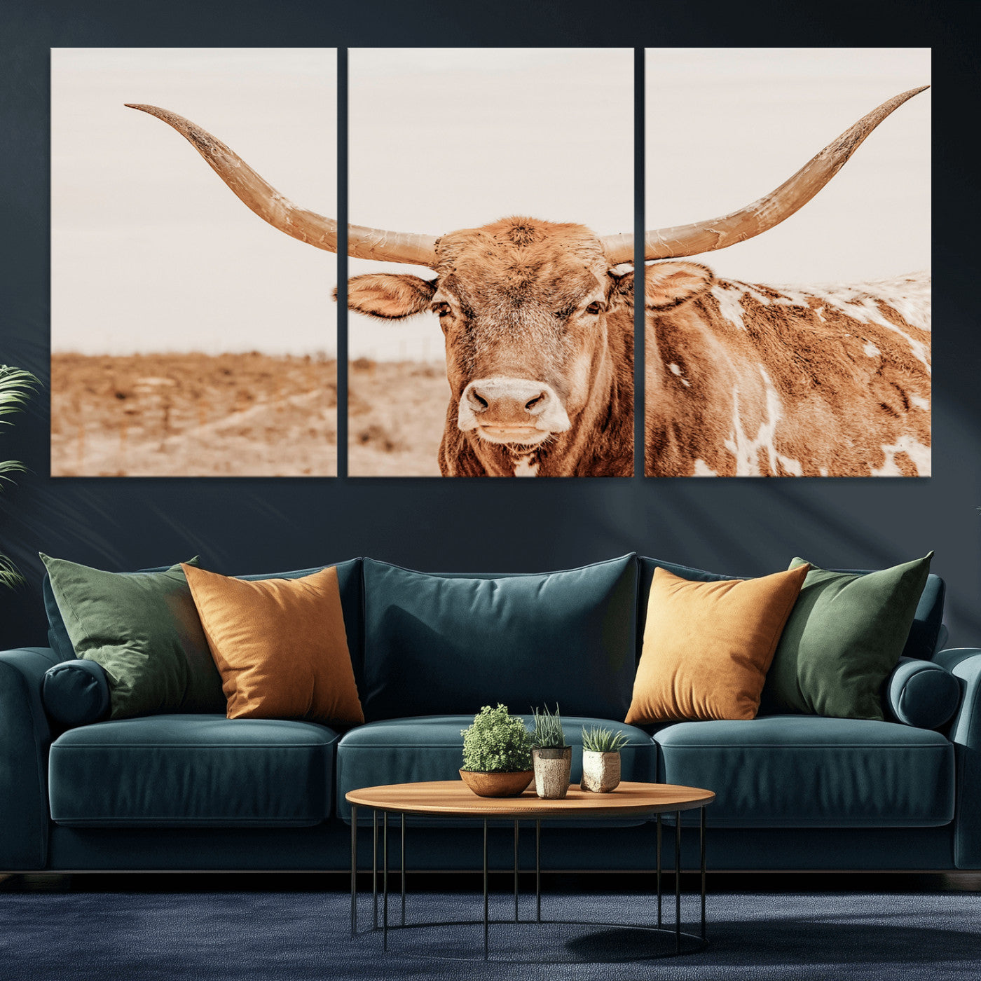 74406977-MGV-CV-36X24-Longhorn Bull Decor Wall Art Canvas Print, Framed Western Cow Theme Art Picture Print, Rustic Farmhouse Wall Perfect Neutral