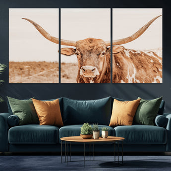 74406977-MGV-CV-36X24-Longhorn Bull Decor Wall Art Canvas Print, Framed Western Cow Theme Art Picture Print, Rustic Farmhouse Wall Perfect Neutral